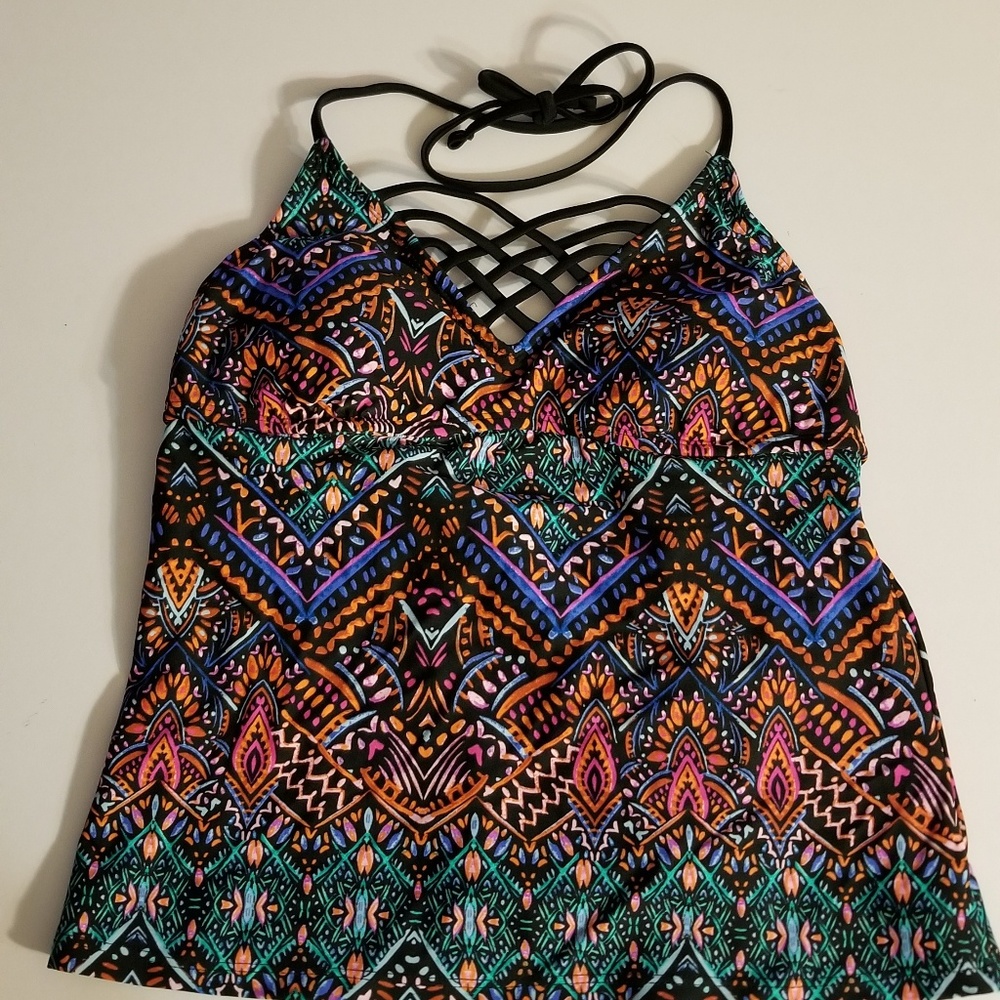 black multi color tankini swim top with open back